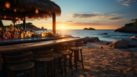 Beach bar with seascape at sunset or sunrise. Generative AI.の素材