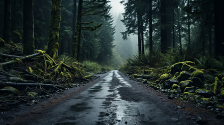 Wet road in the forest and fog. Generative AI.の素材