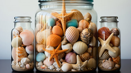 A collection of seashells in a glass jar. Generative AI.の素材