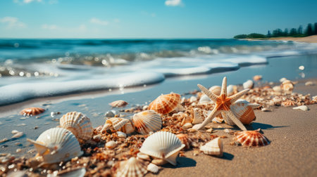 Summer sandy background with seashells and starfish. Generative AI.の素材