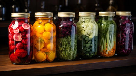 Fermented vegetables in jars. Generative AI.の素材