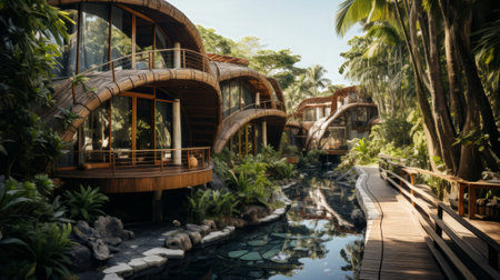 Bamboo houses in Bali surrounded by greenery natural. Generative AI.の素材