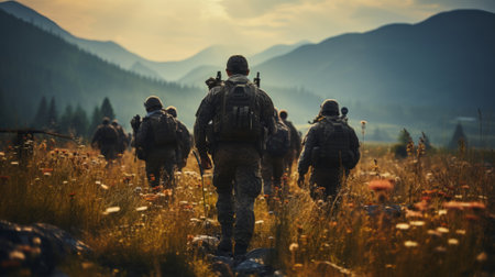 Military soldiers company in the field back view. Generative AI.の素材