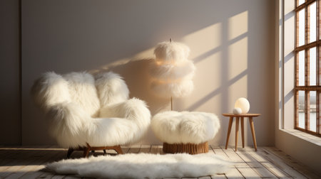 White fur armchair near wall with fur decor and fluffy. Generative AI.の素材