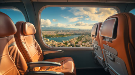 View from the airplane window to the city. Generative AI.の素材