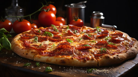 Pizza with salami and tomatoes. Generative AI.の素材