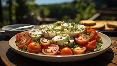 Salad with mozzarella and tomatoes. Generative AI.の素材