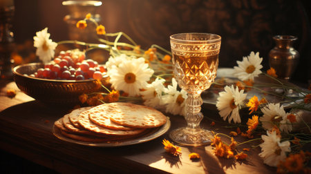 Holy communion on wooden table on church. Generative AI.の素材