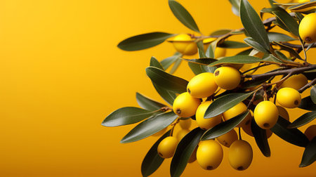 Olive tree branch on yellow background. Generative AI.の素材