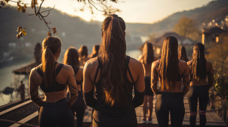 Picture of a group of people practicing Pilates. Generative AI.の素材