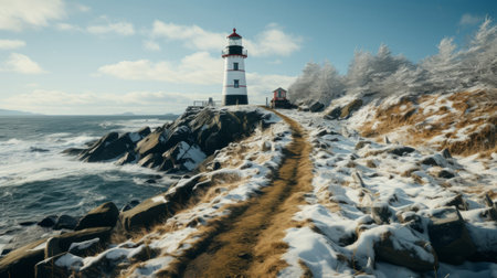 A lighthouse on a snowy hill. Generative AI.の素材