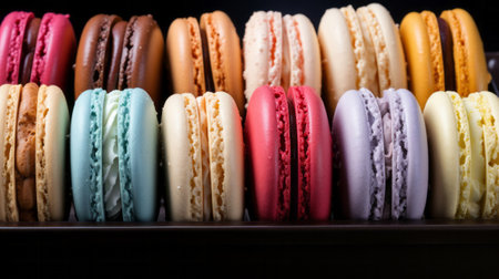 Different types of macaroons in box close up. Generative AI.の素材