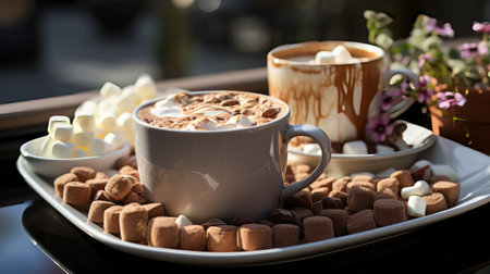 A cup of hot chocolate with marshmallows on a tray. Generative AI.の素材