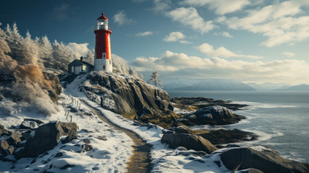 A lighthouse on a snowy hill. Generative AI.の素材