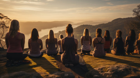 Picture of a group of people practicing Pilates. Generative AI.の素材