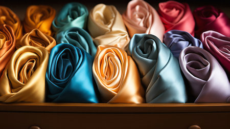 Collection of bright colorful silk different textile. Generative AI.の素材