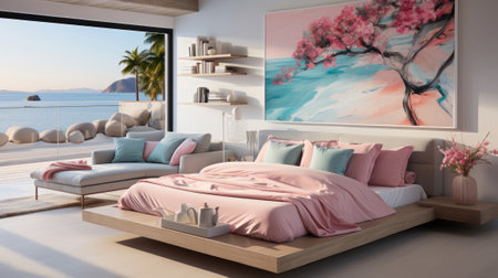 Beautiful cozy white modern bedroom interior. Generative AI.の素材