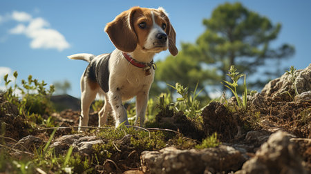 Beagle dog looking for mushrooms. Generative AI.の素材