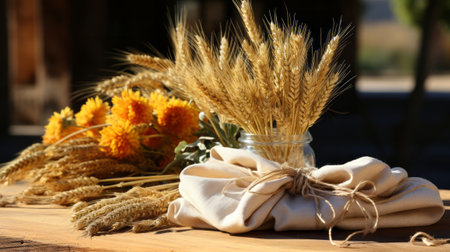 Golden wheat grains packed in a rustic burlap sack artful. Generative AI.の素材