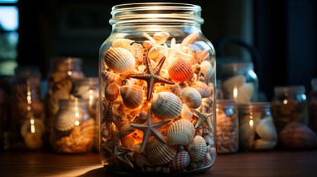 A collection of seashells in a glass jar. Generative AI.の素材
