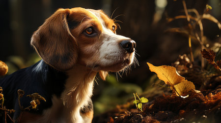 Beagle dog looking for mushrooms. Generative AI.の素材