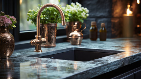 Close-up of a kitchen water faucet with a sink. Generative AI.の素材