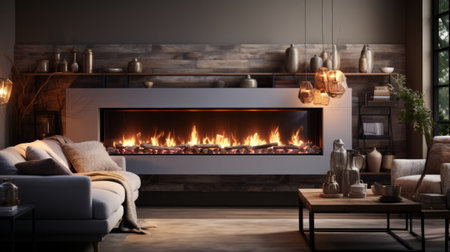 Electric fireplace and beautiful living room decor elemen. Generative AI.の素材