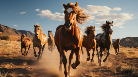 Wild horses running in a herd. Generative AI.の素材