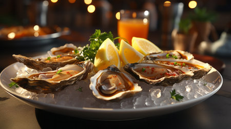 Assorted fresh oysters on an ice bed with lemon. Generative AI.の素材