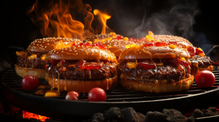 BBQ grill with sizzling hamburgers and hot dogs. Generative AI.の素材