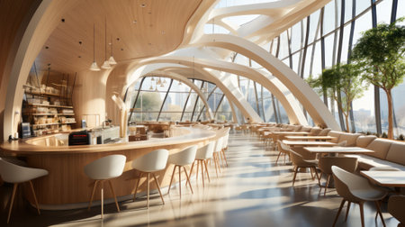 Interior design of beautiful modern cafe bar. Generative AI.の素材