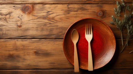 A wooden spoon and fork on a plate. Wood texture backgroudの素材