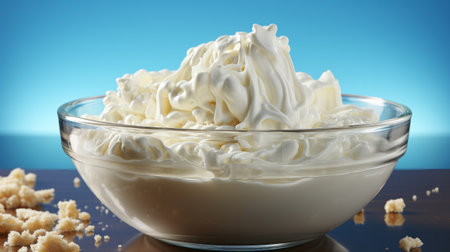 Mixing bowl and whipped cake batter. Generative AI.の素材