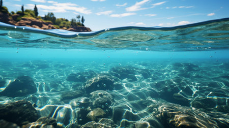 Calm water surface. Reflection in the water. Generative AI.の素材