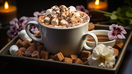 A cup of hot chocolate with marshmallows on a tray. Generative AI.の素材