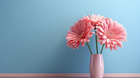 Beautiful pink Gerbera flower on a gentle blue background. Generative AI.の素材