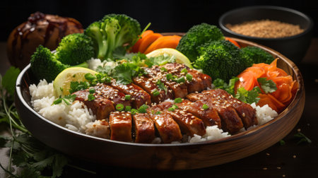 Bento lunch box on the table with chicken rice. Generative AI.の素材