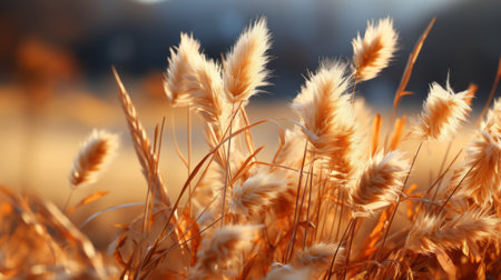 Beautiful close up gold dry grass with field as background. Generative AI.の素材