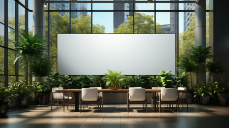 Empty advertising billboard frame on wall in office lobby. Generative AI.の素材