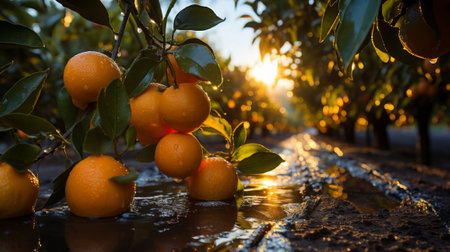 An orange grove with lots of oranges growing on the trees. Generative AI.の素材