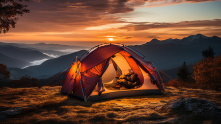 View inside of a tent to sunrise in the mountains. Generative AI.の素材