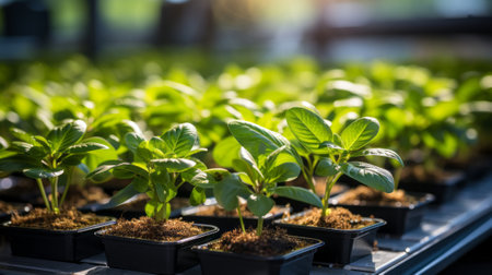 A green plants growing in a greenhouse. Generative AI.の素材