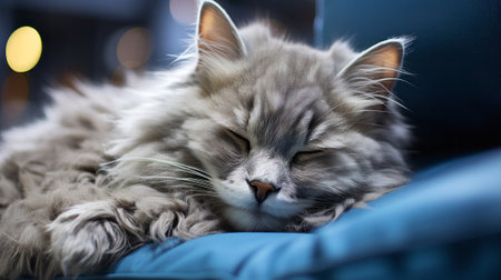 Sleepy gray cat on white background. Generative AI.の素材