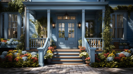 A front entrance of a home with a blue door. Generative AI.の素材