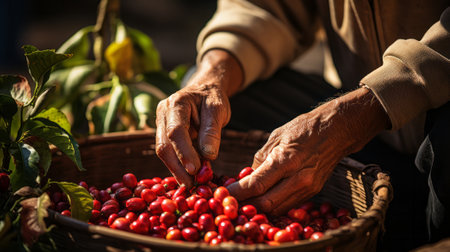 Red coffee berries in the working hands of the farmer. Generative AI.の素材