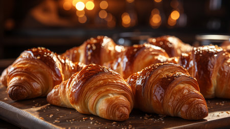 Freshly baked french croissant close-up. Generative AI.の素材