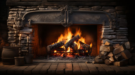 A fireplace with a fire in it. Generative AI.の素材