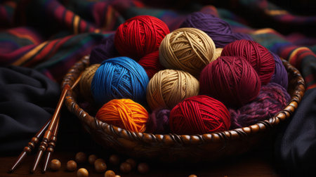 A set of knitting needles and a ball of yarn. Generative AI.の素材