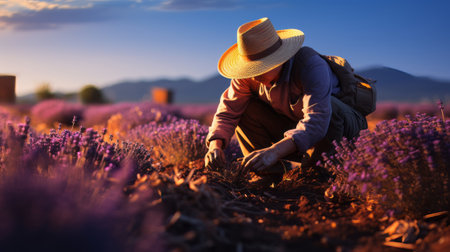 Farmer harvesting in lavender field. Generative AI.の素材