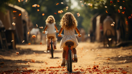 Children decorating bikes with flags and streamers. Generative AI.の素材